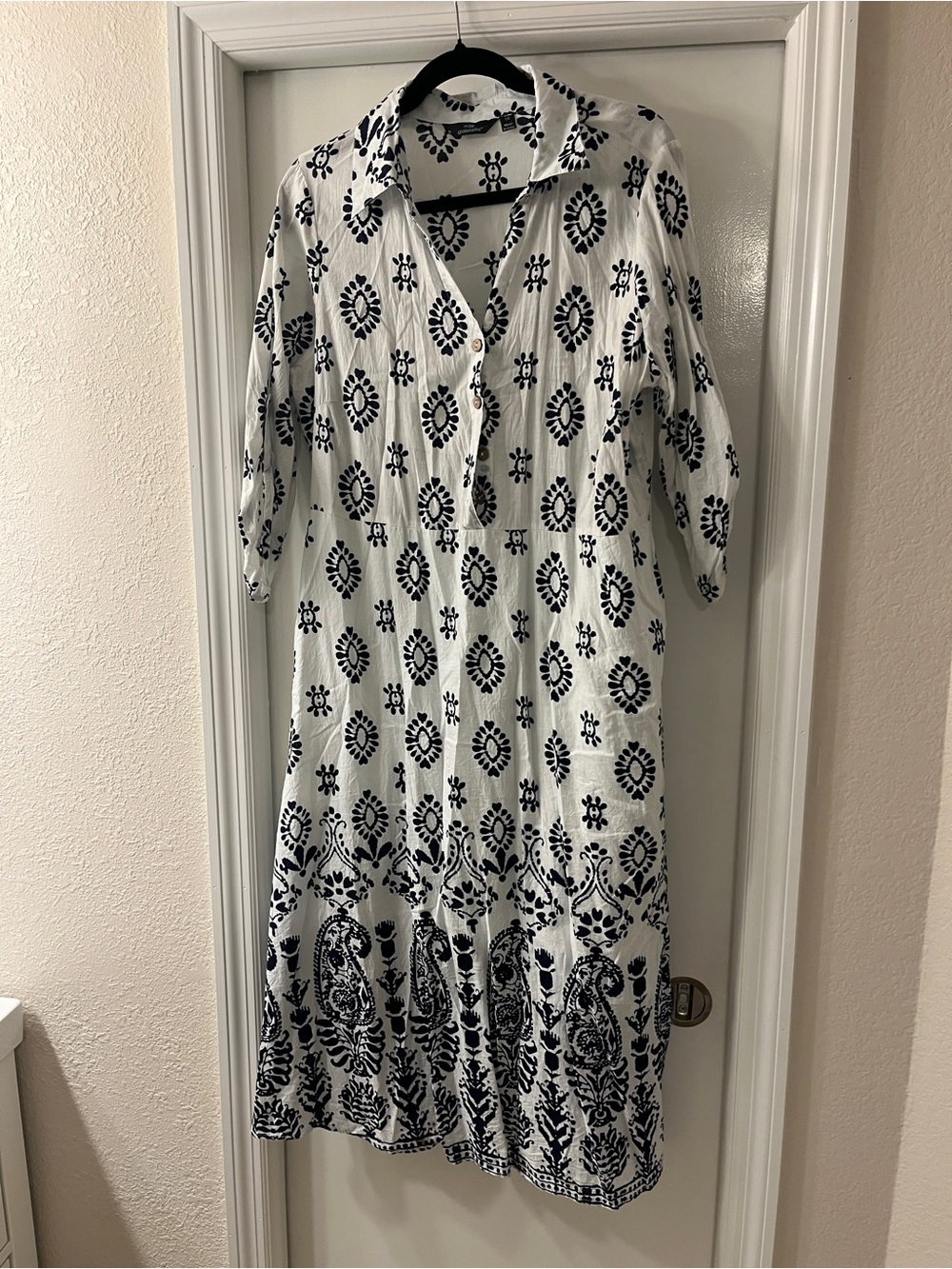 White and Navy print Button-Front Midi Dress